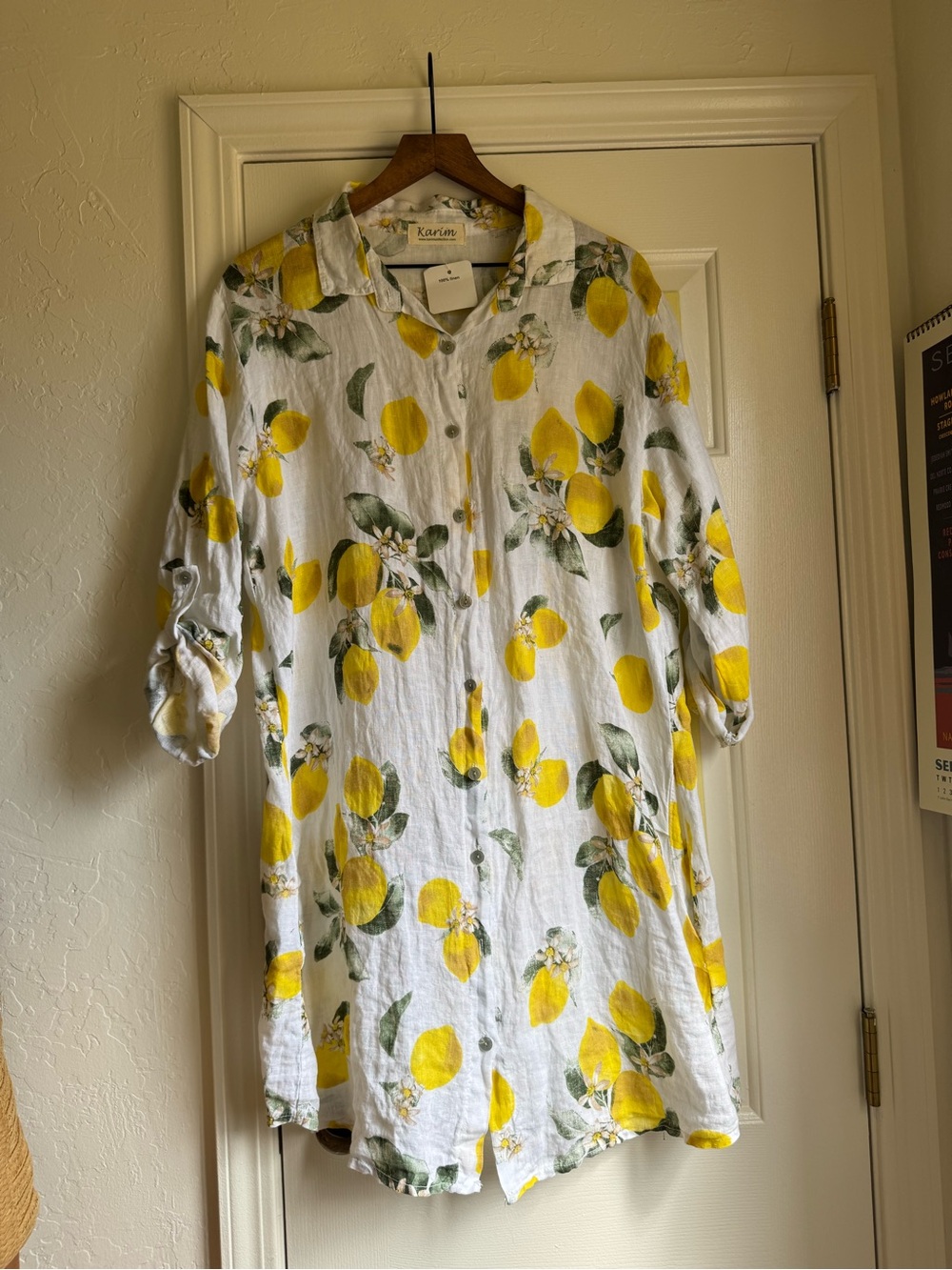 White Linen Lemon-Print Long Sleeve Shirt Dress